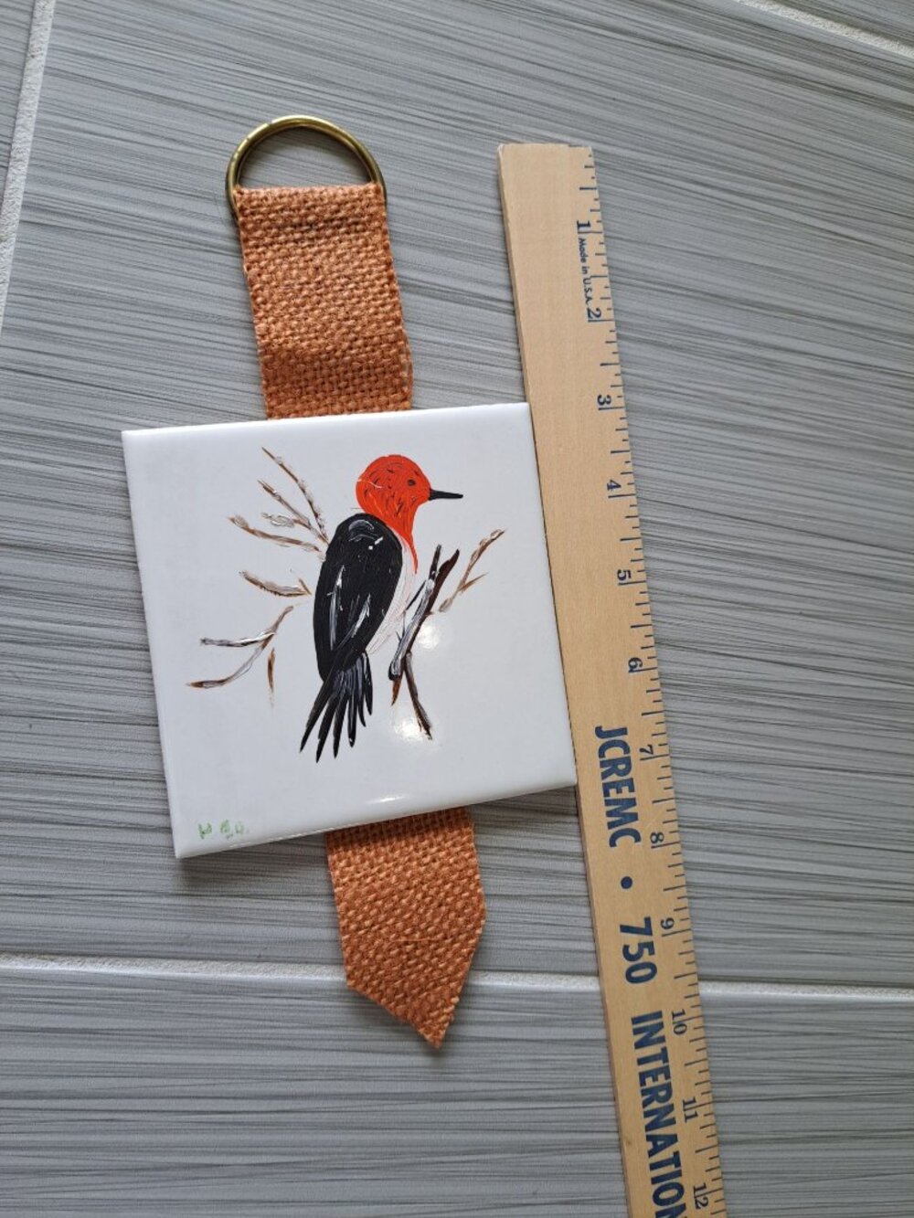 Hand-Painted Ceramic Red Headed Woodpecker Wall Tile Signed Wall Hanging - Picture 8 of 11